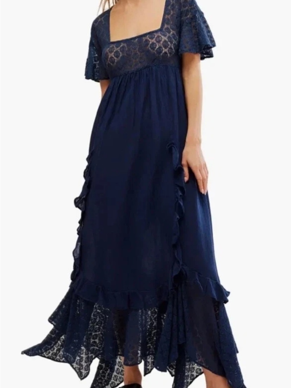 Free People Navy Lace-Panel Square Neck Maxi Dress Bring The Romance
